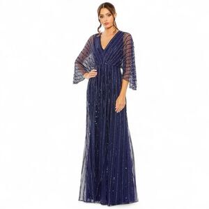 Mac Duggal 93841 Beaded Sequin Gown Size 14 Navy Long Formal Dress Kimono Sleeve